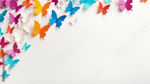 White wooden surface with a bunch of colorful paper origami butterflies with duplicate space for your content