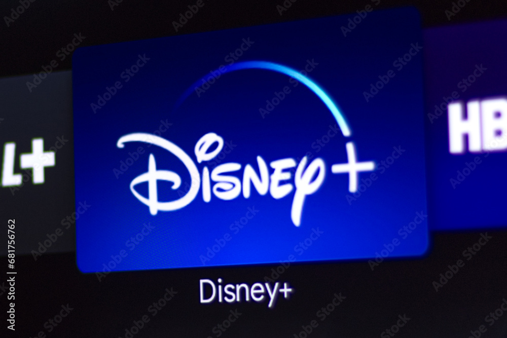 Disney+ app on tv screen. Disney+ is an online video streaming ...