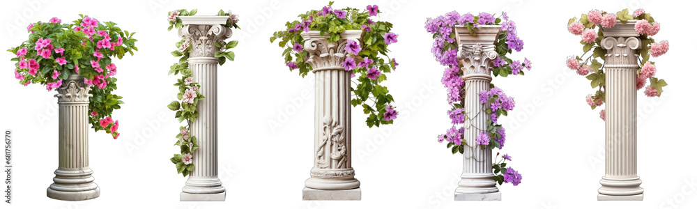 Collection of columns with plants on them on a white or transparent background generative ai - obrazy, fototapety, plakaty 