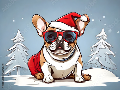 French bulldog wearing Christmas hat. Happy New Year and Christmas. © Natasa