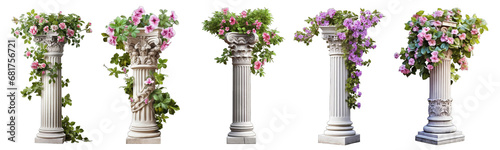 Collection of columns with plants on them on a white or transparent background generative ai photo