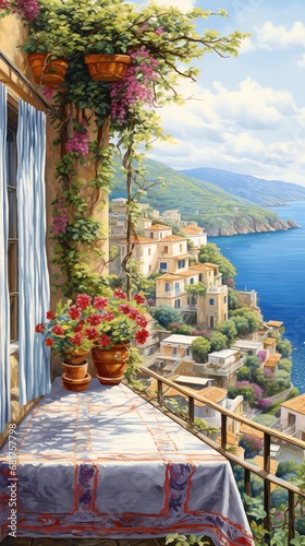 a painting of a town on a cliff overlooking the ocean