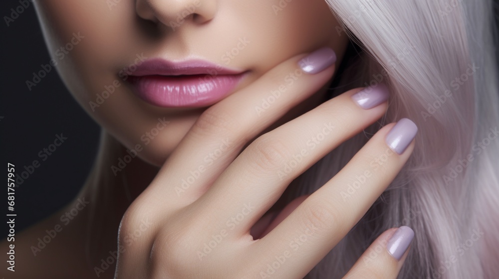 Fototapeta premium Beautiful girl hand care . Model woman showing french shellac manicure on nails . Cosmetics ,beauty and makeup.