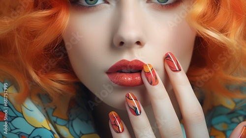 Beautiful girl hand care . Model woman showing french shellac manicure on nails . Cosmetics ,beauty and makeup. photo