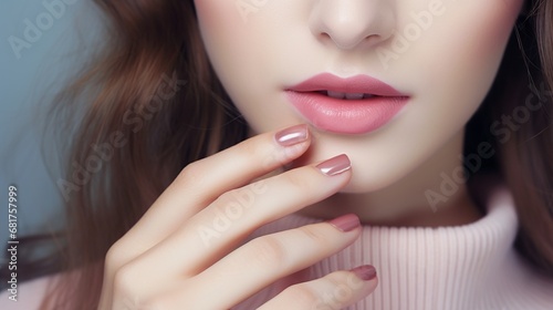 Beautiful girl hand care . Model woman showing french shellac manicure on nails . Cosmetics ,beauty and makeup. photo