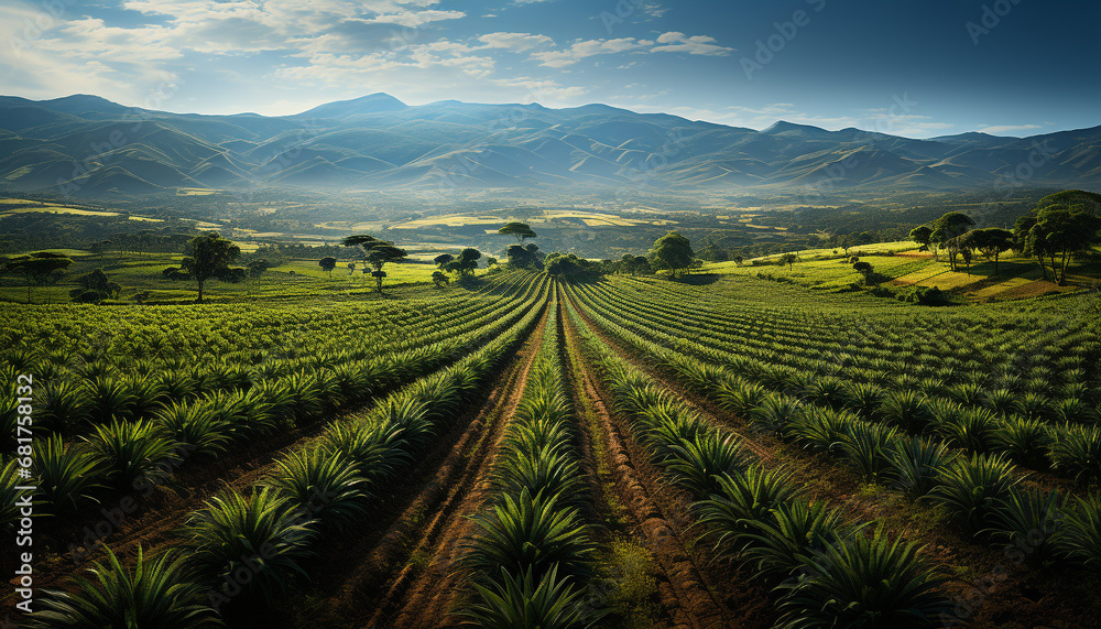 Fototapeta premium A tranquil autumn landscape terraced fields, mountains, and a sunset generated by AI
