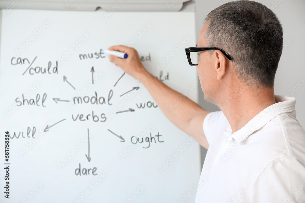 Male teacher writing English grammar on flip chart in classroom Male teacher writing English grammar on flip chart in classroom