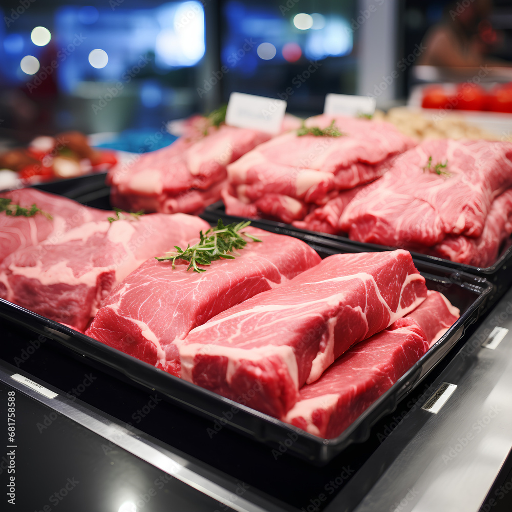 fresh meat on the counter in a store in a black tray