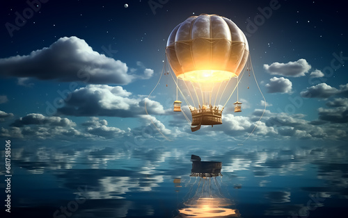 Traditional Fantasy Hot air balloon flying over frozen sea at night - Night blue sky with full moon - Ice on the ocean shore at night, magical view background