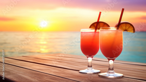 Red cocktails on table, sea in the background