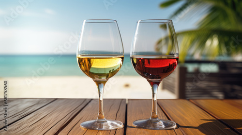 Two glasses of white and red wine at the sea