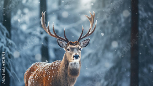 Photo of the deer head on the background of the winter forest.