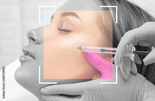 Obraz na plátne Cosmetologist makes rejuvenating anti wrinkle injections on the face of a beautiful woman