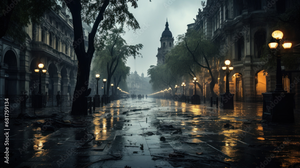 Rainy weather on a street of a town