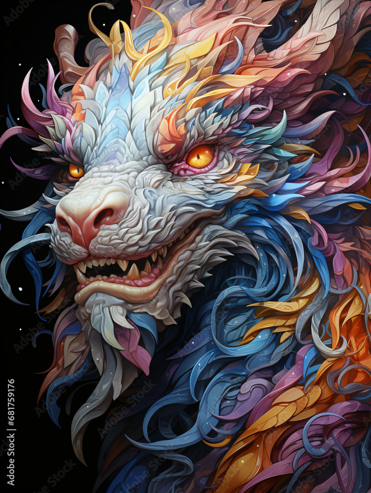 Dragon, colorful portrait. The head of a predator with a burning gaze. A terrifying frightening mythical character. The symbol of the year in the Chinese calendar.