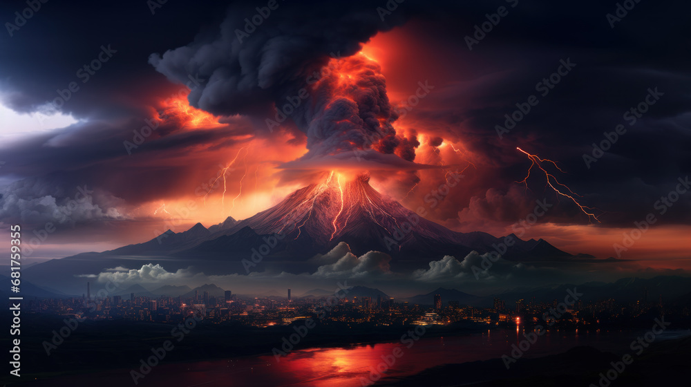 Volcano eruption at night, natural disaster