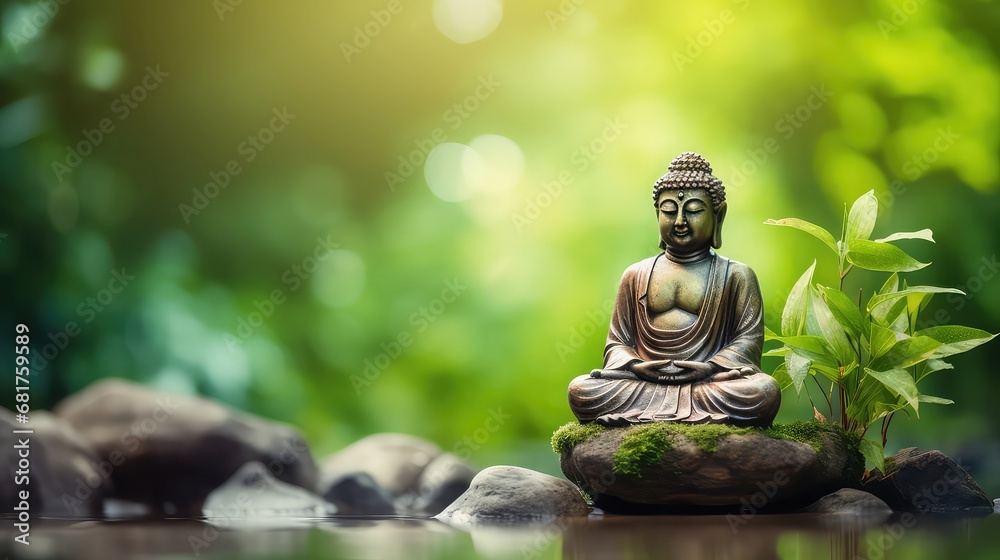Buddha statue on a rock in a blurred green bamboo background. Close-up, A picturesque colorful artistic image with a soft focus.