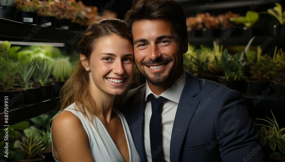 Smiling adults embracing, looking at camera, love and happiness generated by AI Smiling adults embracing, looking at camera, love and happiness generated by AI