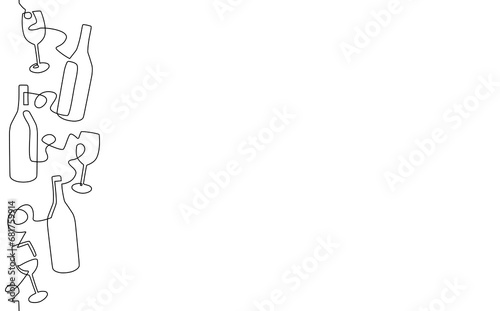 Vertical Seamless Pattern with continuous line drawing bottles and glasses isolated on white background. Wine print. Vector illustration.