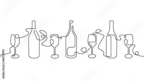 Horizontal Seamless Pattern with continuous line drawing bottles and glasses isolated on white background. Wine print. Vector illustration.