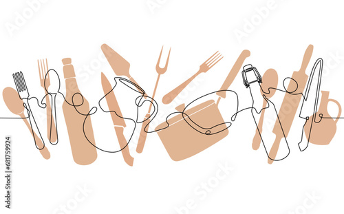 Vector illustration with continuous line drawing utenlils isolated on white background. Cooking print. 