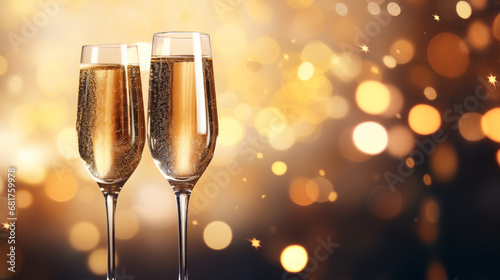 Two glasses of champagne on sparkling bokeh background. Celebration concept with copy space