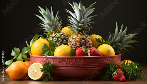 Freshness of nature vibrant colors in a healthy fruit bowl generated by AI