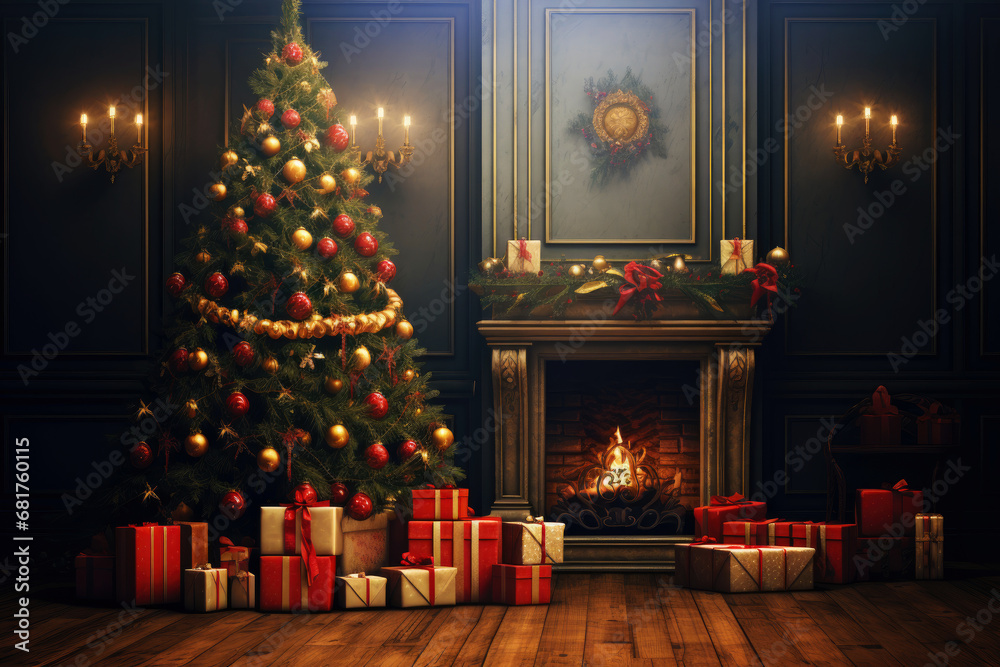 Christmas background with Christmas tree, gifts and fireplace against a wall