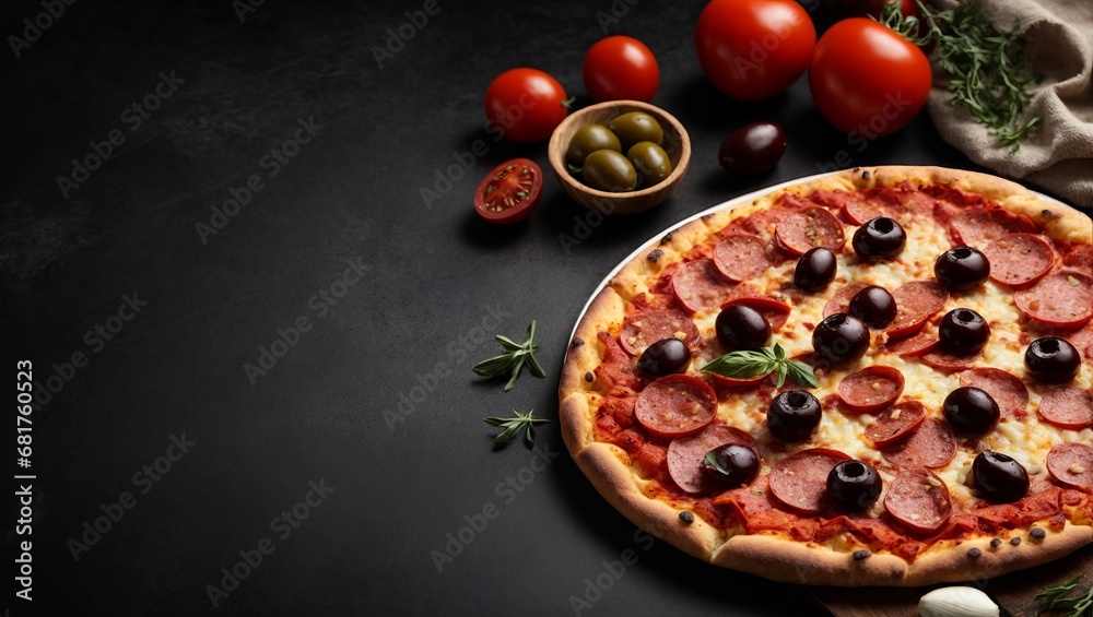 pizza with salami tomatoes and olives