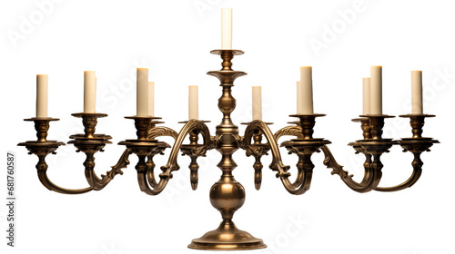 Gorgeous Fashioned Brass Candelabra with Multiple Arms Isolated on Transparent Background PNG.