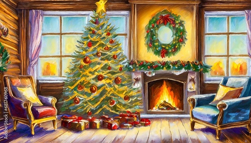 Ilustración al óleo de árbol de navidad decorado en cabaña acogedora de madera en invierno