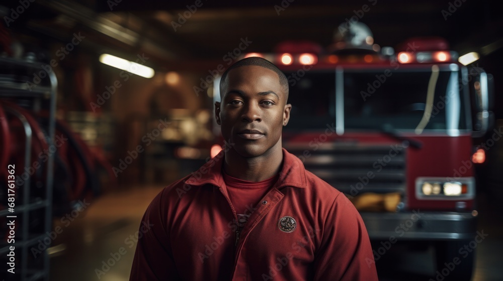 Fototapeta premium Powerful African American Firefighter in front of Fire Engine