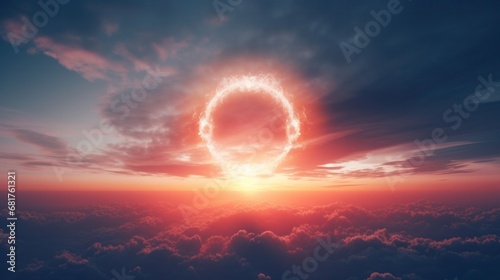 Stunning Annular Eclipse Over Soft Cloud Sunset Sky on a Beautiful Coastal Background