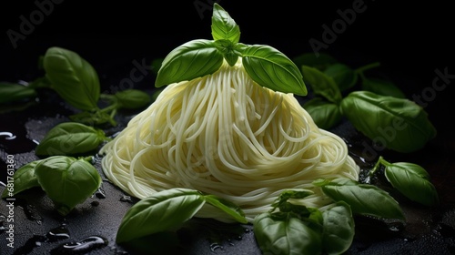 Angel Hair Spaghetti and Fresh Basil Leaves on a Plate
