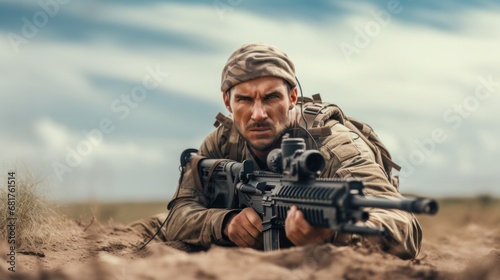 Action-packed portrait of an airborne ranger armed with a gun in camouflaged battlefield