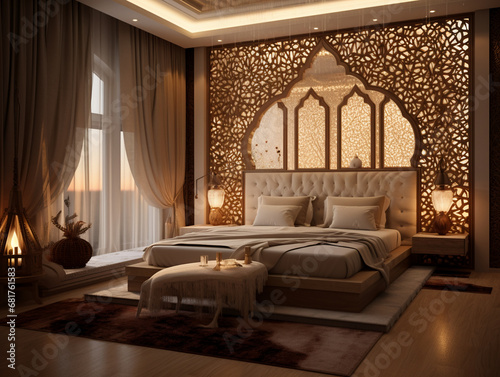 bedroom in arabic interior design style with mashrabiya behind the bed, AI Generative. photo
