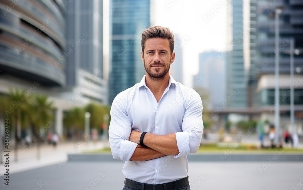 A handsome entrepreneurs is standing in front of tall buildings and look forward to the future with confidence. Business vibe A handsome entrepreneurs is standing in front of tall buildings and look forward to the future with confidence. Business vibe