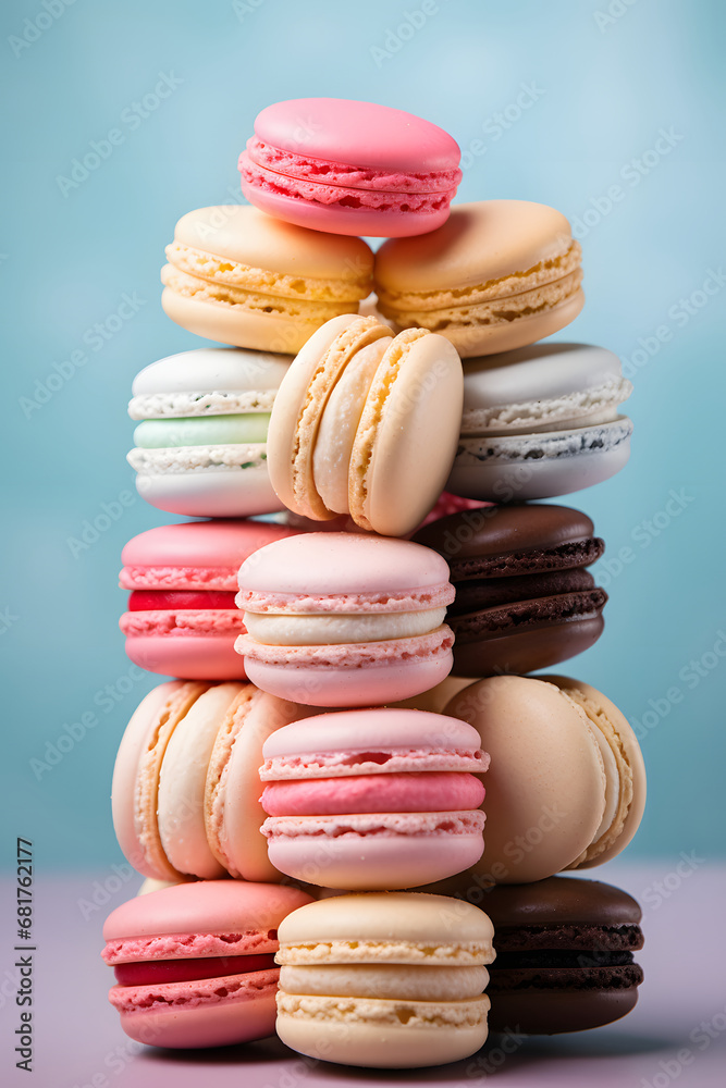 Macaroons close-up. A pyramid of cakes. A pile of cookies. Delicate pink and blue colors, delicious dessert. Macaroons close-up. A pyramid of cakes. A pile of cookies. Delicate pink and blue colors, delicious dessert.