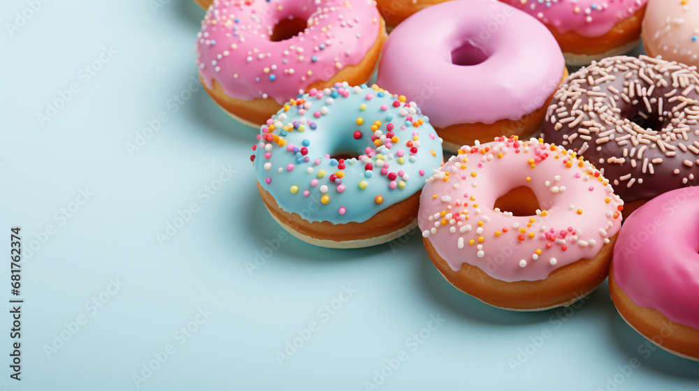 donuts with icing, sweet dessert. empty place for your text. light blue and pink colors.