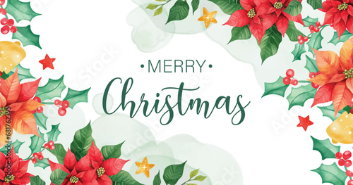 Merry christmas flower watercolor floral frame background