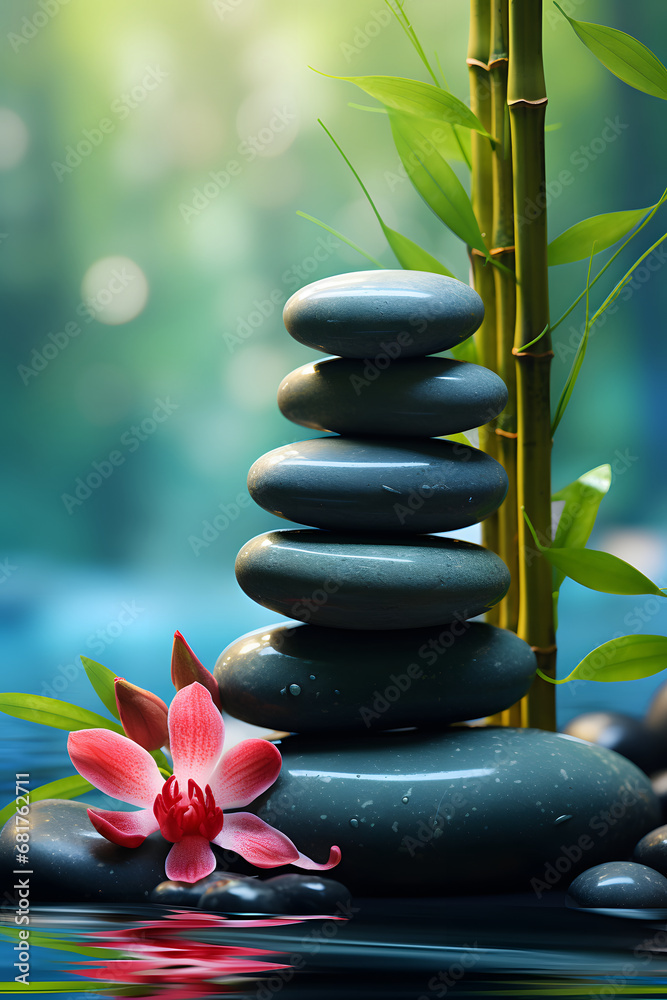 a stack or pyramid of stones, bamboo and an orchid in the water. balancing pebble stone. concept of relaxation, equilibrium. a stack or pyramid of stones, bamboo and an orchid in the water. balancing pebble stone. concept of relaxation, equilibrium.