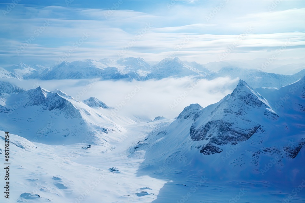 Obraz premium Snowy peaks pierce clouds under a clear blue sky.
