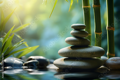 a stack or pyramid of stones, bamboo stalks near the water. a balancing pebble stone. the concept of relaxation.