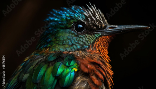 Vibrant hummingbird perching on branch, iridescent feathers shining brightly generated by AI