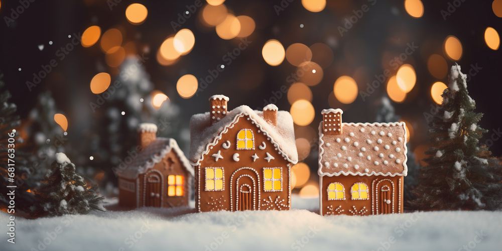 Banner Xmas card with Holiday mood. Gingerbread house cookie of holiday of Christmas and Happy new year on blur background bokeh lights Banner Xmas card with Holiday mood. Gingerbread house cookie of holiday of Christmas and Happy new year on blur background bokeh lights