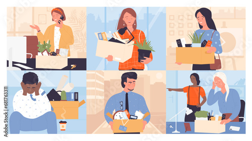 Dismissal from employment set vector illustration. Cartoon office layoff scenes with happy or sad employees carrying boxes with things  man and woman leave workplace at termination of contract