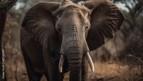 African elephant walking in tranquil savannah  showcasing its heavy strength generated by AI