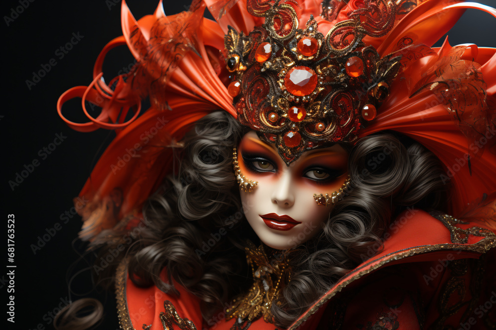 Fototapeta premium Carnival of Venice. female participant of the performance, a girl in a fiery festive outfit and a red mask. Venetian masquerade.