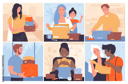 People with parcels from post office set vector illustration. Cartoon happy male and female characters carry packages, family or friends open box with gifts, receive and unwrap online store orders