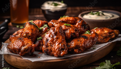 Grilled buffalo chicken wings, a spicy gourmet appetizer on wood generated by AI